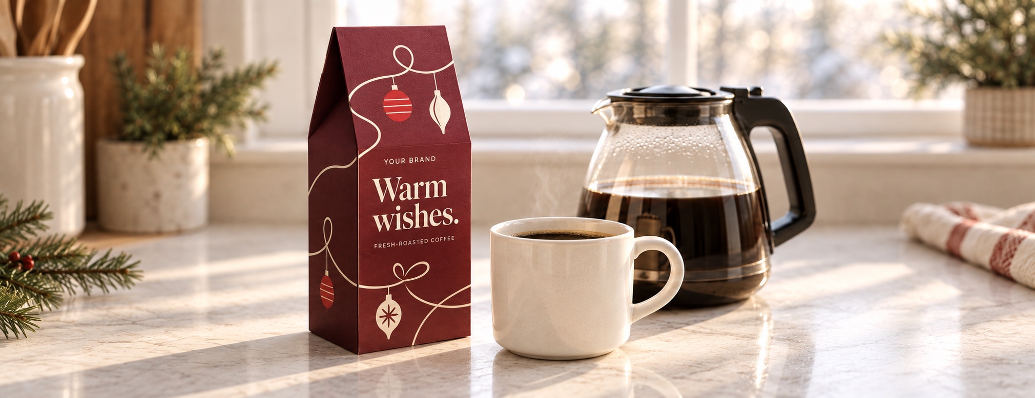 A burgundy custom holiday coffee box with a Warm wishes design beside freshly brewed coffee