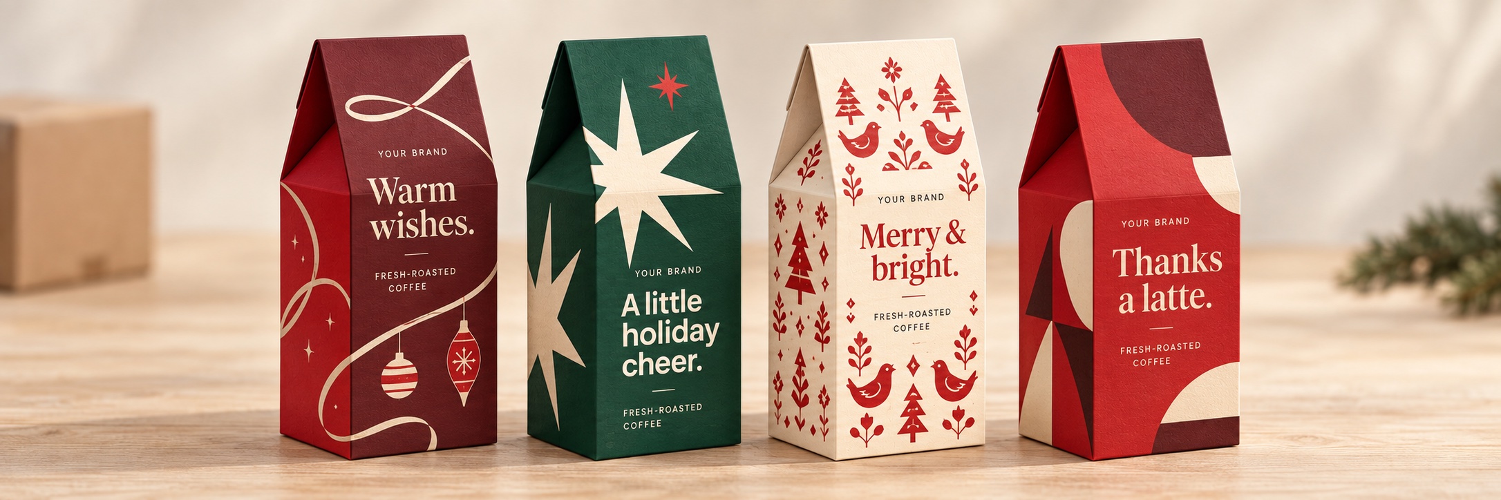 Four custom holiday coffee design examples in burgundy, forest green, cream and Christmas red