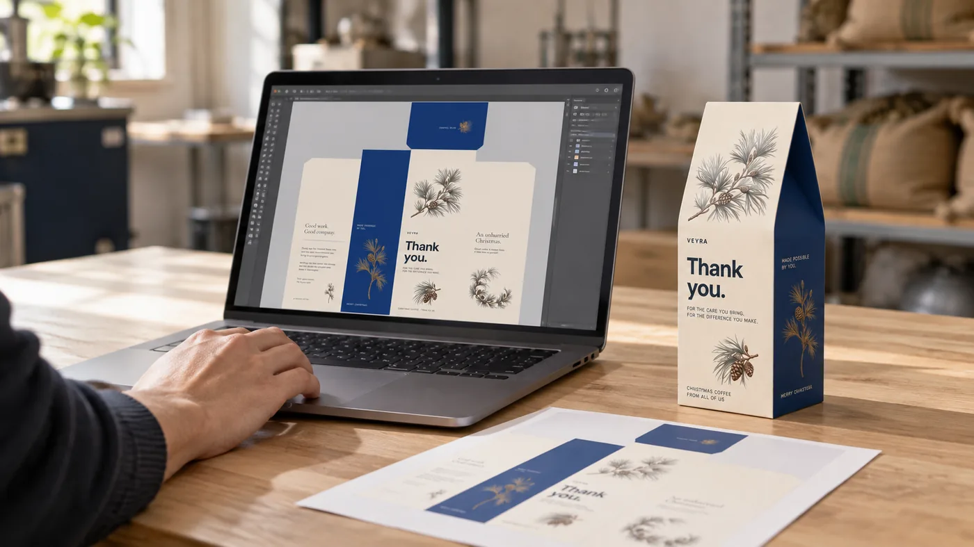 A custom coffee box beside its packaging design on a laptop