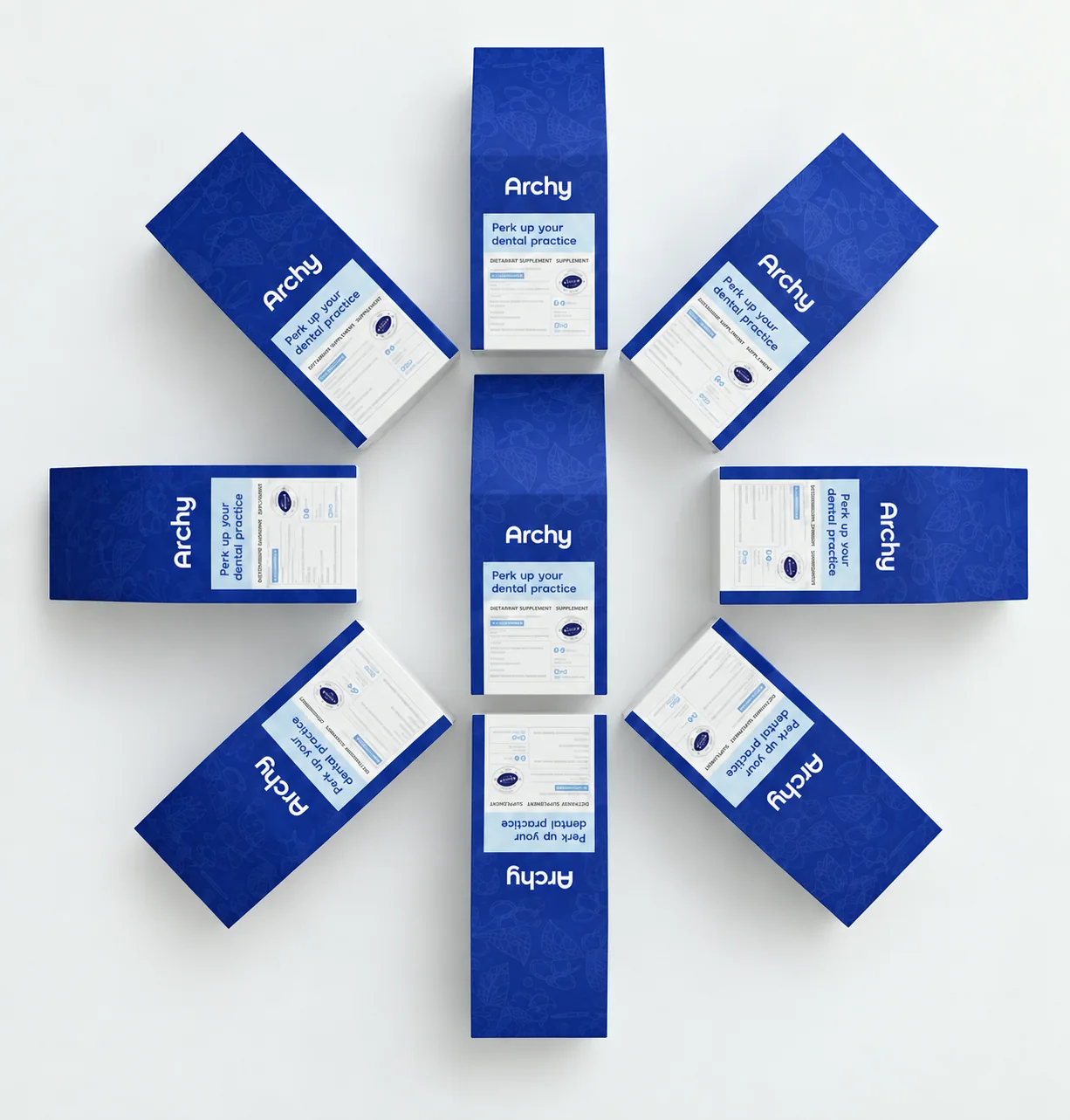 Archy custom-branded Roastify coffee boxes arranged in a starburst
