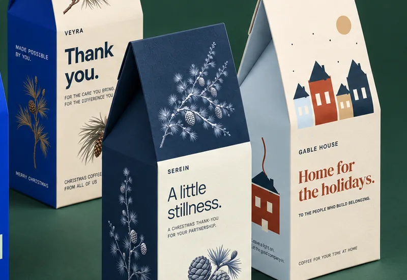 Finished custom holiday coffee boxes on a green table