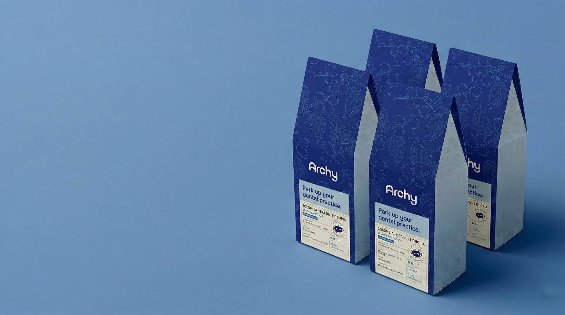 Archy custom-branded coffee bags on a blue background