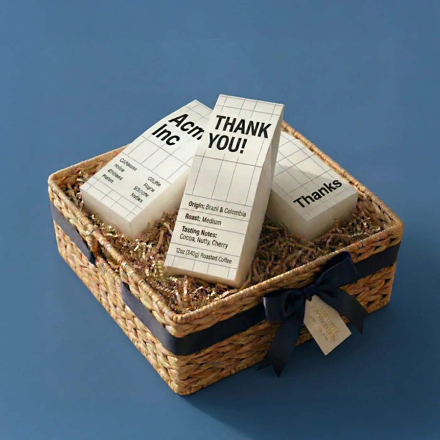 A gift basket of custom thank-you coffee boxes