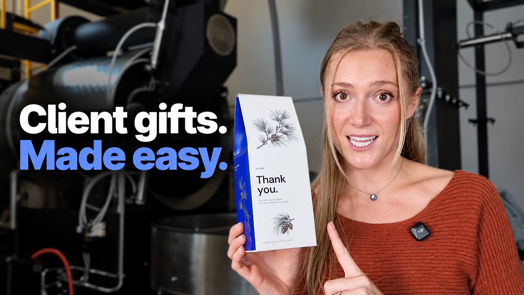Megan holding a custom coffee gift box beside the words Client gifts. Made easy.